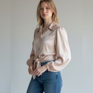 Byer California Satin Tie Waist Cropped Blouse Champagne Blush
